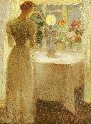 Anna Ancher ung pige foran en tandt lampe oil painting reproduction